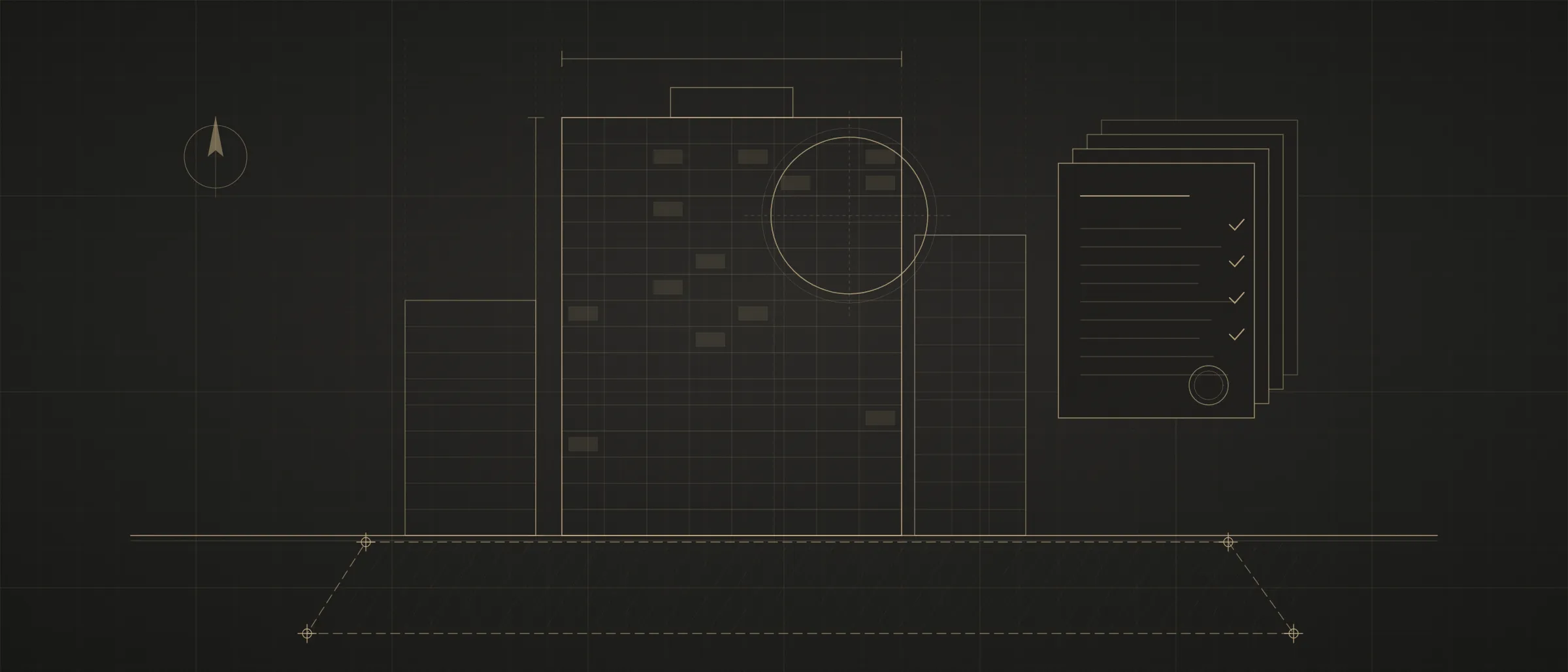 Architectural line drawing of a building on a surveyed land plot, with a magnifying lens over the facade and a stack of checked documents